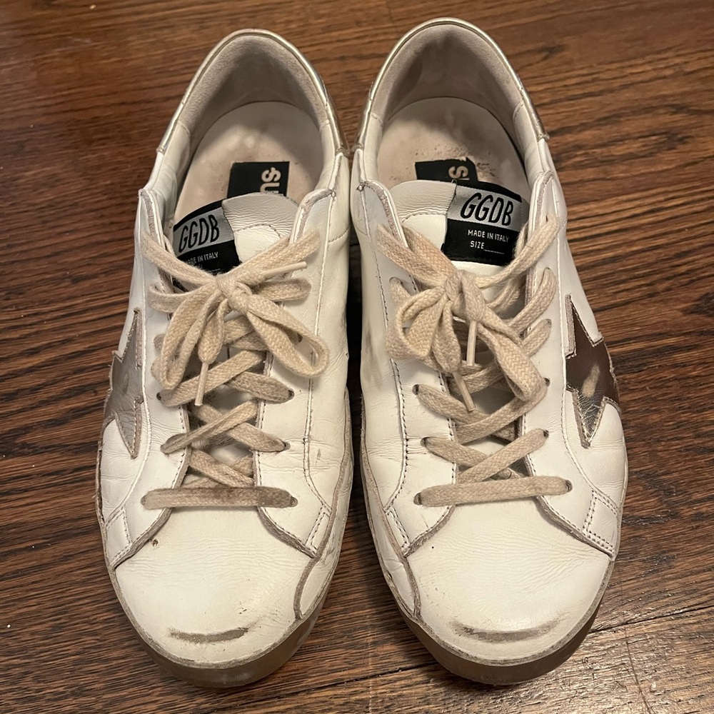 Golden Goose White and Silver Sneakers